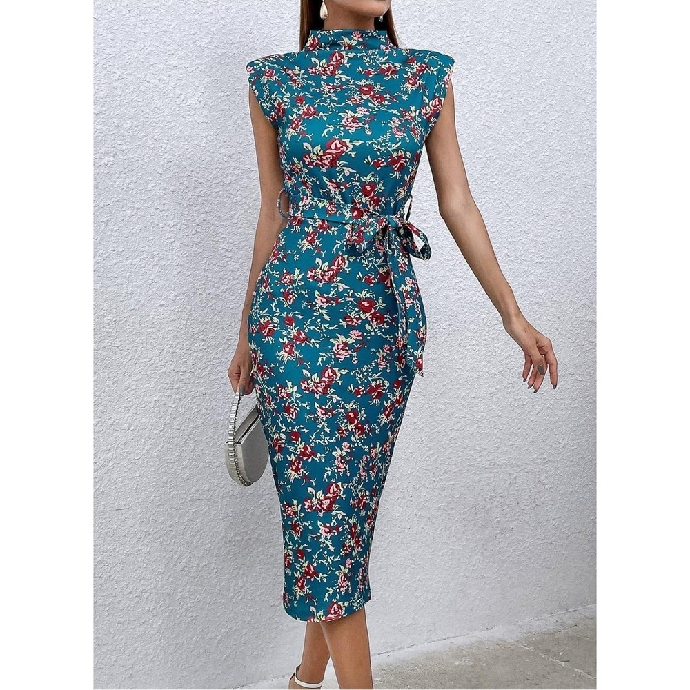 Floral Print Mock Neck Belted Bodycon Dress Blue Teal‎ Padded Shoulders Sz M